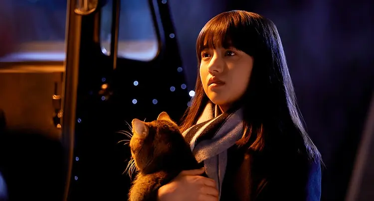 Girl cuddling a cat in a quiet night from "To the Door of Summer".