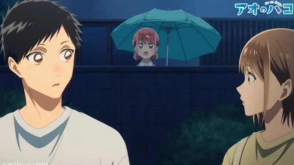 In "Ao no Hako", a boy is surprised as a girl with an umbrella watches from behind a wall.