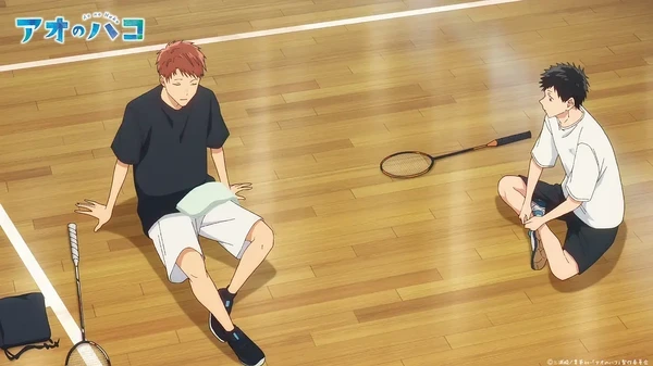 In "Ao no Hako", two boys sit on a volleyball court, seemingly chatting after sports.